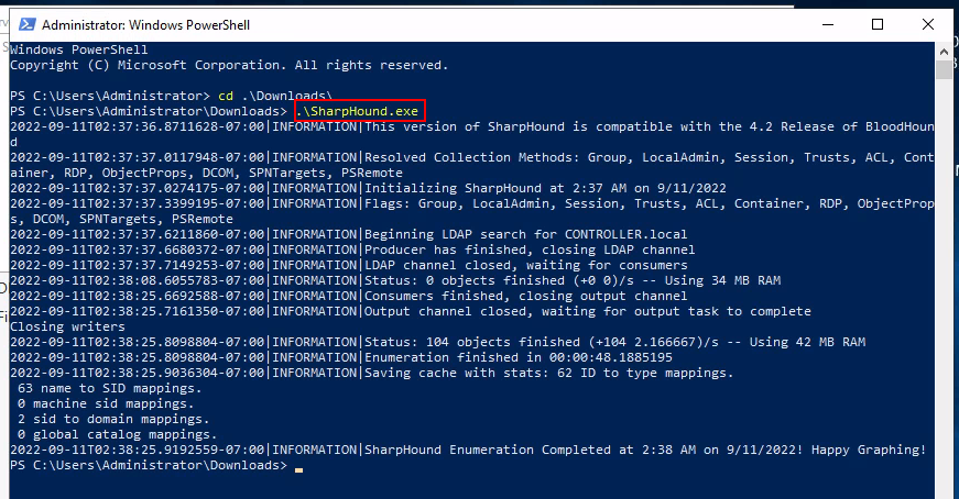 Successfully using SharpHound.exe in PowerShell.