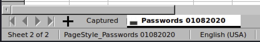 A screenshot of the bottom-left portion of our spreadsheet, showing this file contains two sheets named Captured and Passwords 01082020.