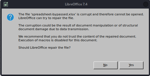 LibreOffice window displaying the error that will result if the xlsx file becomes corrupted during the re-zip process.