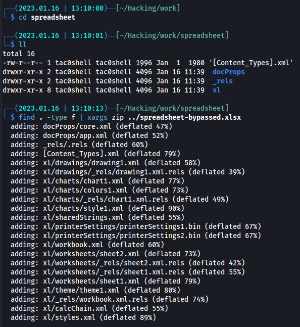 Screenshot of the command line execution of the aforementioned commands.  The results of the ll command show one file, named '[Content_Types].xml', and three directories, named docProps, _rels, and xl.