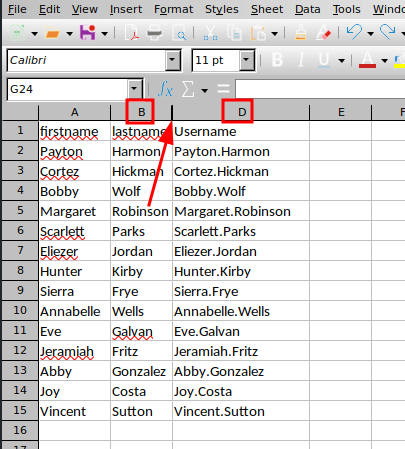Screenshot of the spreadsheet inside LibreOffice with annotations showing there is a missing column C.  Column A is "firstname," column B is "lastname," and column D is "Username."