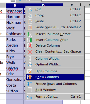 Another screenshot of the spreadsheet with columns B and D highlighted, then the select box options from right-clicking on those columns with the "Show Columns" option highlighted from the cursor.