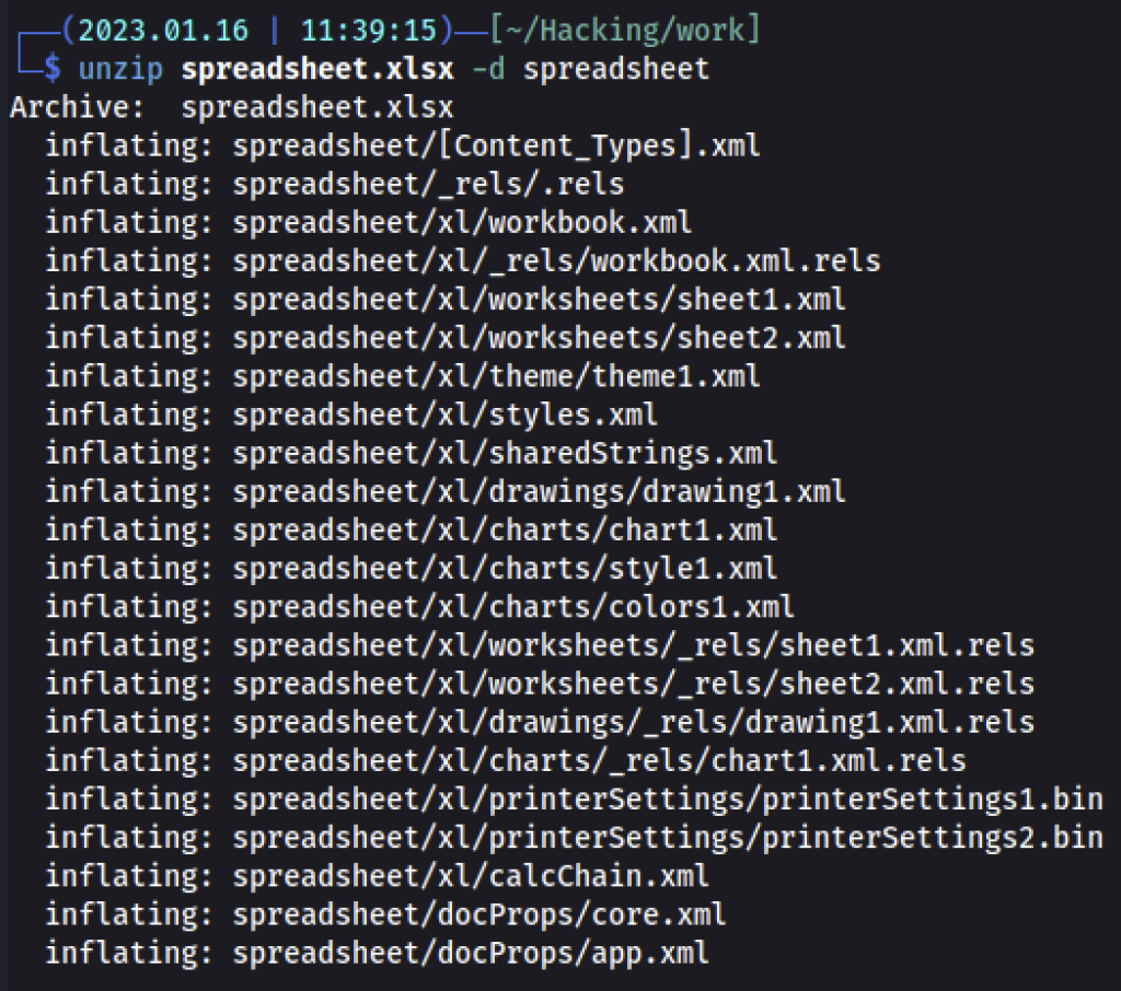 Screenshot of a Kali command line running the command "unzip spreadsheet.xlsx -d spreadsheet."