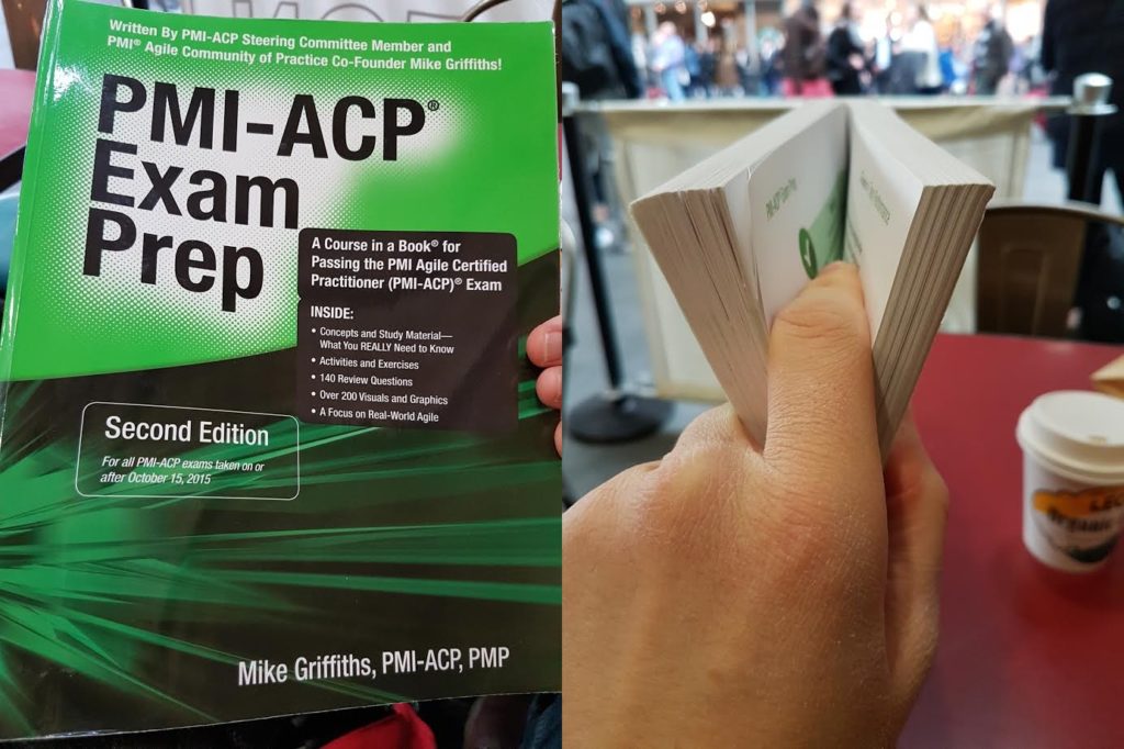A photo of the recommended Agile exam study guide, PMI-ACP Exam Prep by Mike Griffiths.