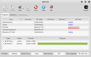 Hacking Windows 7: Ophcrack cracking Podrick's password