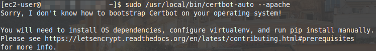 Terminal window demonstrating certbot not knowing how to "bootstrap" on Amazon Linux