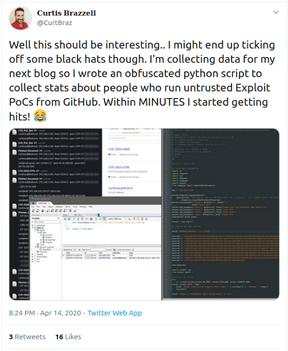 Snapshot of a Tweet from Curtis Brazzell announcing an experiment about people running untrusted exploits