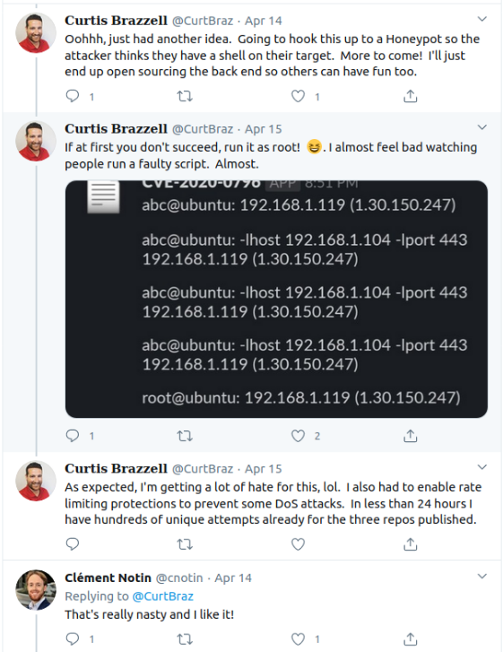 Snapshot of a Tweet from Curtis Brazzell describing the Honeypot idea of simulating a shell