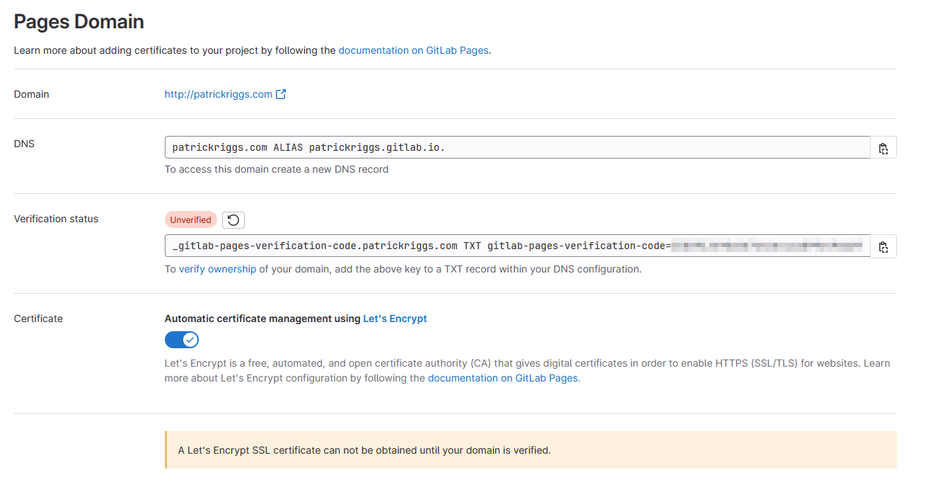 Screenshot of Gitlab "Pages Domain" page instructing the user to add DNS records