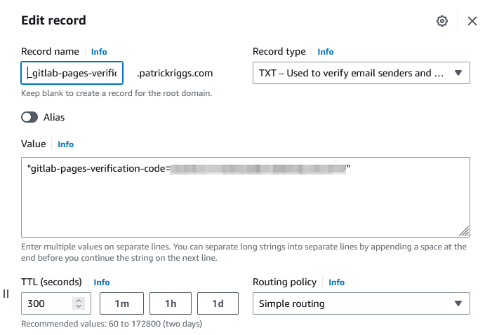 Screenshot of a Route 53 TXT record entry